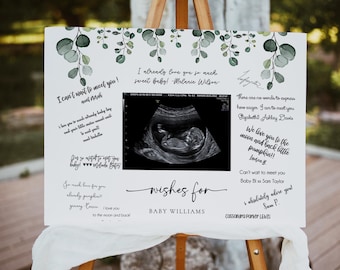 Greenery Baby Shower Guest Book Sign, Printable Baby Shower Sign, Sonogram Baby Shower Guest Book Alternative, Eucalyptus Wishes For Baby B7