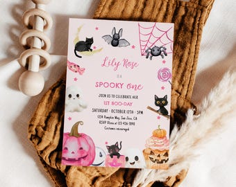 Spooky One Pink Halloween Birthday Invitation, Editable Spooktacular Ghost 1st Birthday Party Invite, 1st Boo Day Invite H6