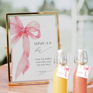 Pink Bow Mimosa Bar Sign, She&#39;s Tying The Knot Mimosa Sign, Pink Ribbon Bow Mimosa Bar Template, Printable Bridal Shower Signs, Templett #2D
