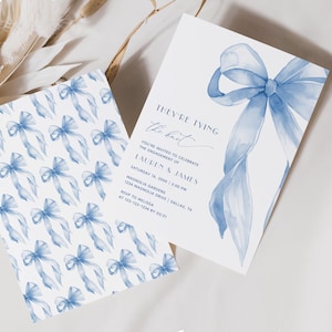Invitación para fiesta de compromiso "Se casan", lazo azul polvoriento, descarga instantánea, elegante tarjeta de compromiso n.° 1D