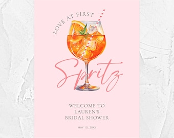 Letrero de bienvenida para despedida de soltera "Pink Love At First Spritz", letrero de bienvenida para Aperol Spritz, letrero para brunch nupcial, letrero para despedida de soltera con cócteles #S2