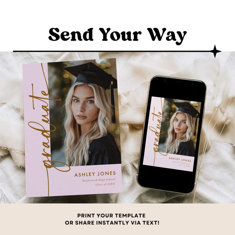 Pretty pink graduation party invite featuring script font and photo space