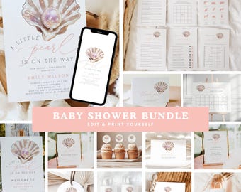 Little Pearl Under The Sea Baby Shower Invitation Bundle, Ocean Baby Shower, Editable Baby Shower Games, Pink Pearl Baby Shower Decor #3K