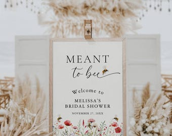 Placa de boas-vindas para chá de panela "Meant To Bee" - Decoração boho para chá de panela - Modelo editável floral para chá de casamento #22 M-BRS