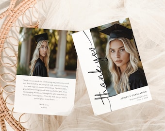 Tarjeta de agradecimiento para fiesta de graduación, plantilla de tarjeta de agradecimiento para fiesta de graduación, tarjeta de agradecimiento con foto de graduación, nota de agradecimiento de graduación moderna editable G1