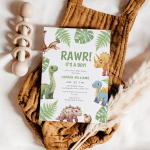 Editable Dinosaur Baby Shower Invitation, It&#39;s a Boy Dinosaur Baby Shower Invite, Boy Dinosaur Baby Shower, Boho Dinosaur Invitation, A18
