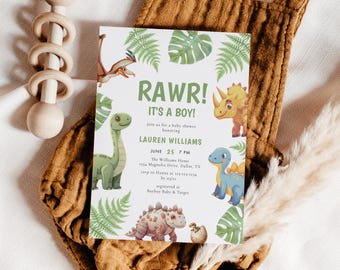 Bearbeitbare Dinosaurier-Babyparty-Einladung, es ist eine Junge-Dinosaurier-Babyparty-Einladung, Junge-Dinosaurier-Babyparty, Boho-Dinosaurier-Einladung, A18