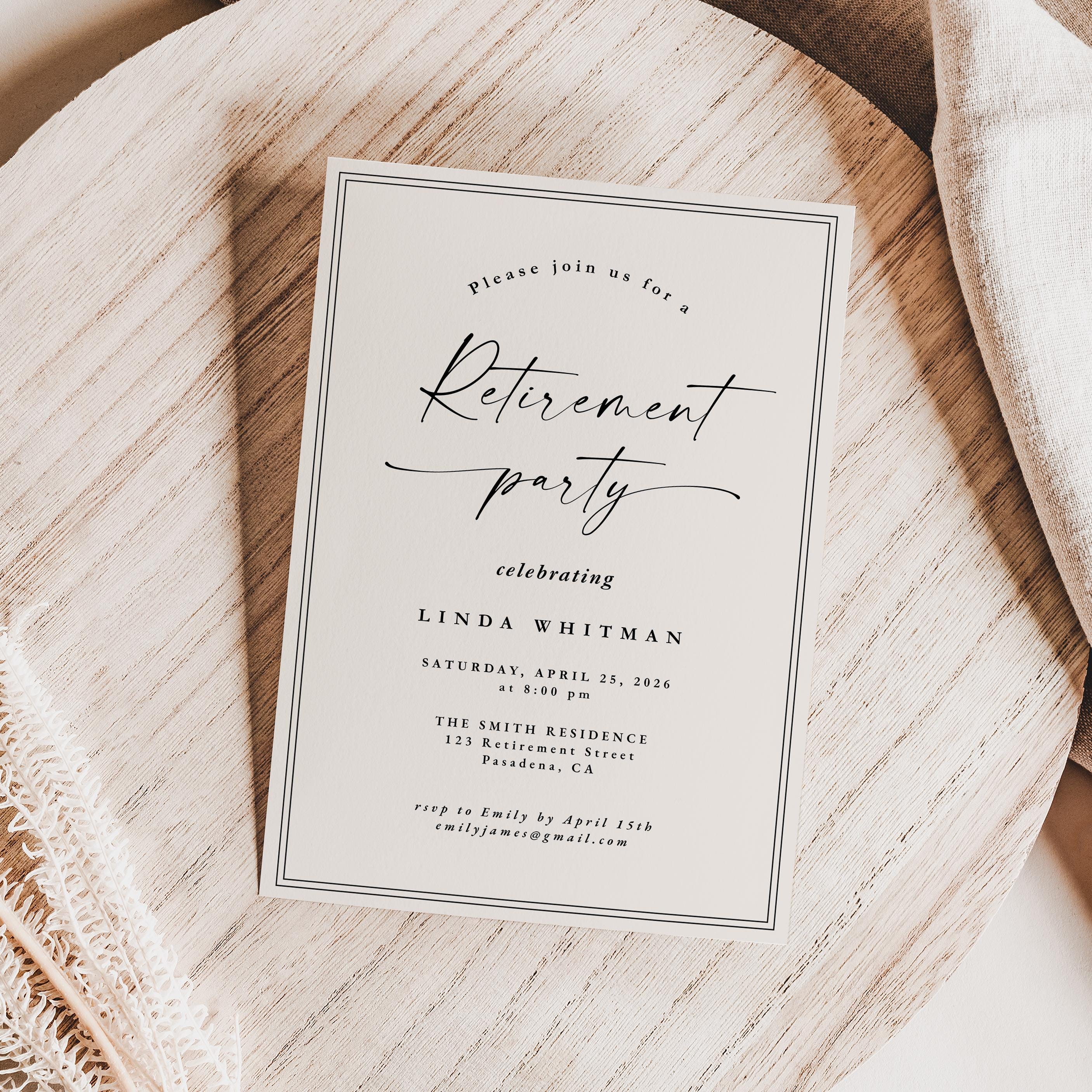 Retirement Inite Editable Retirement Party Invitation Template, Elegant Retirement ...