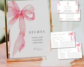 Rosa Schleife Rezept Schild und Karte Set, Rezepte Einsatzkarte, DIY Rezeptkarte, Elegante Sie bindet die Rezeptkarte, Bearbeiten Sie mit TEMPLETT # 2D