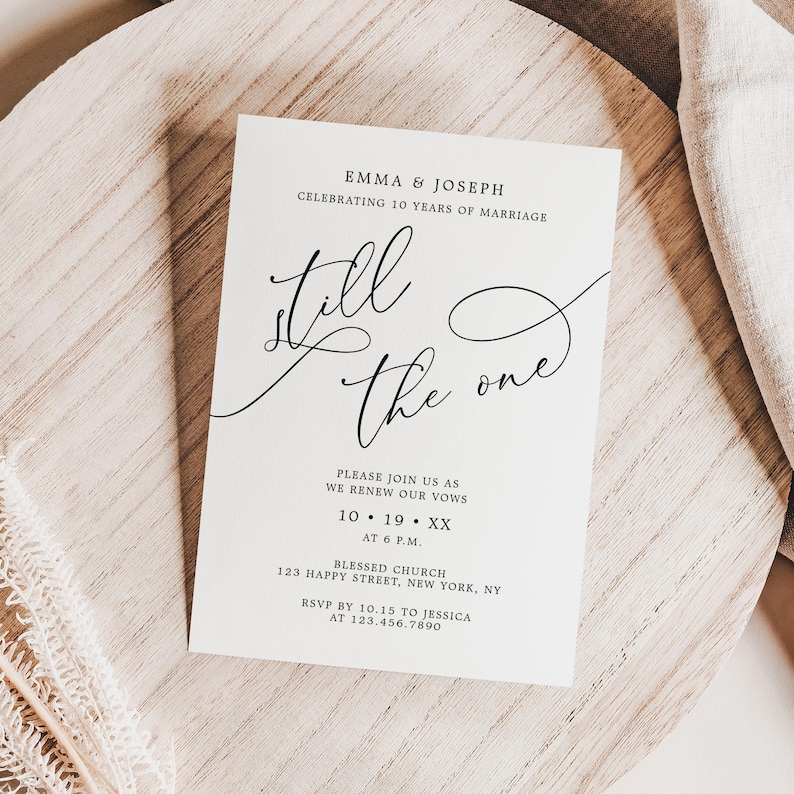 Editable vow renewal invitation with the phrase “Still The One,” perfect for a wedding anniversary or vow renewal ceremony. Elegant and printable design.