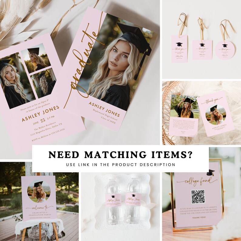 Op de afbeelding: Roze afstudeerfeestartikelen met een foto van een afgestudeerde. Inclusief uitnodigingen, bedankkaarten, cadeaulabels, waterfleslabels en een bord. De tekst bevat de naam, datum en locatie van de afgestudeerde. De woorden "Graduate" en "College Fund" zijn ook zichtbaar.