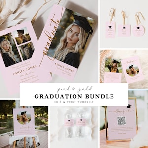 Pink & Gold Graduation Invitation Bundle, Graduation Party Bundle, Girl Grad Party Invite, Graduation Party Decor, Girly, Template #G4