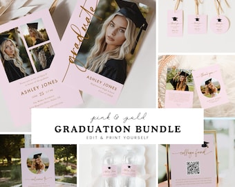 Pink & Gold Graduation Invitation Bundle, Graduation Party Bundle, Girl Grad Party Invite, Graduation Party Decor, Girly, Template #G4