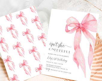 Puede incluir: Un lazo rosa acuarela sobre un fondo blanco. El texto "isn't she ONEDERFUL" está escrito en letra cursiva negra. El texto "Please join us to celebrate Lily's 1st Birthday" está escrito en negro. El texto "August 14, 20XX 2:00 PM" está escrito en negro. El texto "The Brown's Residence 1234 Magnolia Drive Dallas, TX" está escrito en negro. El texto "RSVP Melissa at 123-123-1234 by 12/6" está escrito en negro.