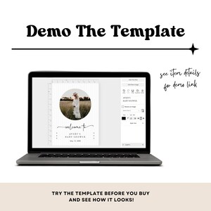 May include: A laptop screen displaying a baby shower invitation template with a photo of a woman in a field. The template is customizable with text and images. The text on the template reads "welcome to Avery's Baby Shower".