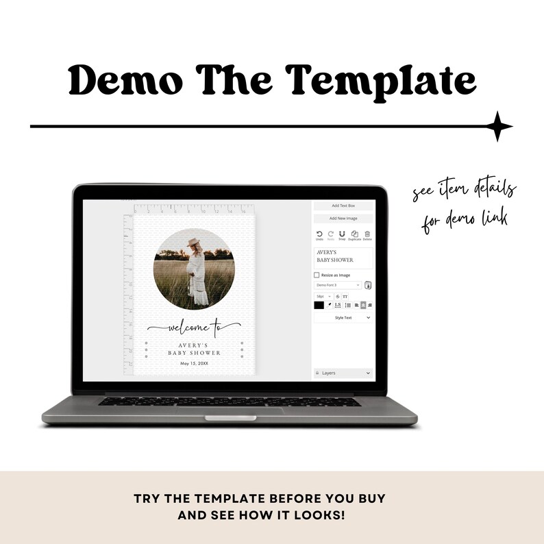May include: A laptop screen displaying a baby shower invitation template with a photo of a woman in a field. The template is customizable with text and images. The text on the template reads "welcome to Avery's Baby Shower".