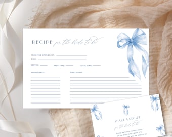 Something Blue Bridal Shower Recipe Card Template, Recipe Card Insert, Share a Recipe Printable, Dusty Blue Coquette Bow, Editable #1D-BRG