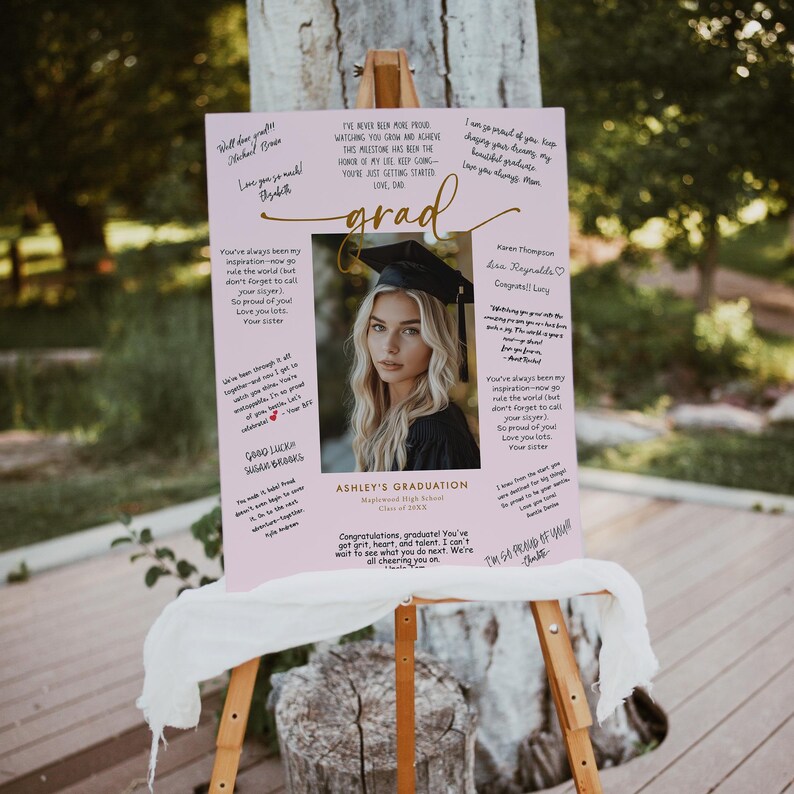Graduation Signature Item Examples Pink Graduation Signature Board Template, Graduation Photo Guestbook ...