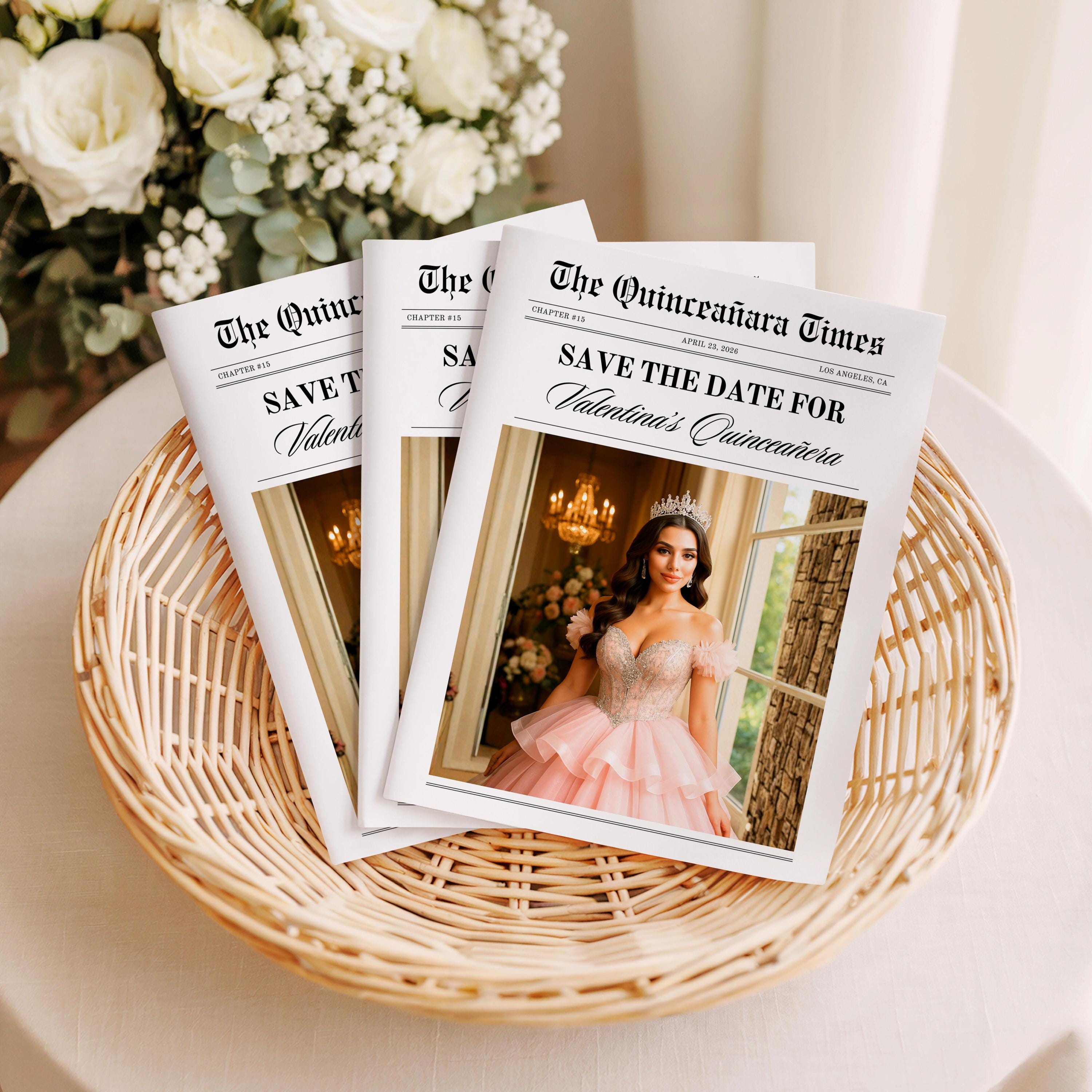 Quinceañera Save the Date Newspaper, Canva Template, Quince Photoshoot