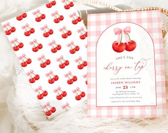 May include: Pink and white gingham baby shower invitation with a red cherry illustration and the text "She's the cherry on top". The invitation includes the name "Lauren Williams", the date "June 23", the time "3 PM", and the location "The Williams Residence, 1234 Magnolia Drive, Dallas, TX".