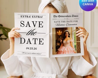 Quinceanera Save The Date Newspaper, Canva Template, Quinceañera invitation, Quince Photoshoot Newspaper, Sweet 15 Newspaper Invite