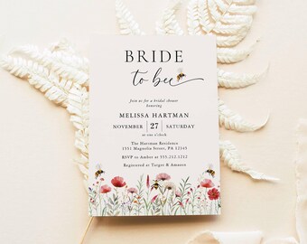 Bride To Bee Bridal Shower Invitation Template Boho Bridal Shower Invite Wildflower Honey Bee Editable Template Instant Download #22M-BRI