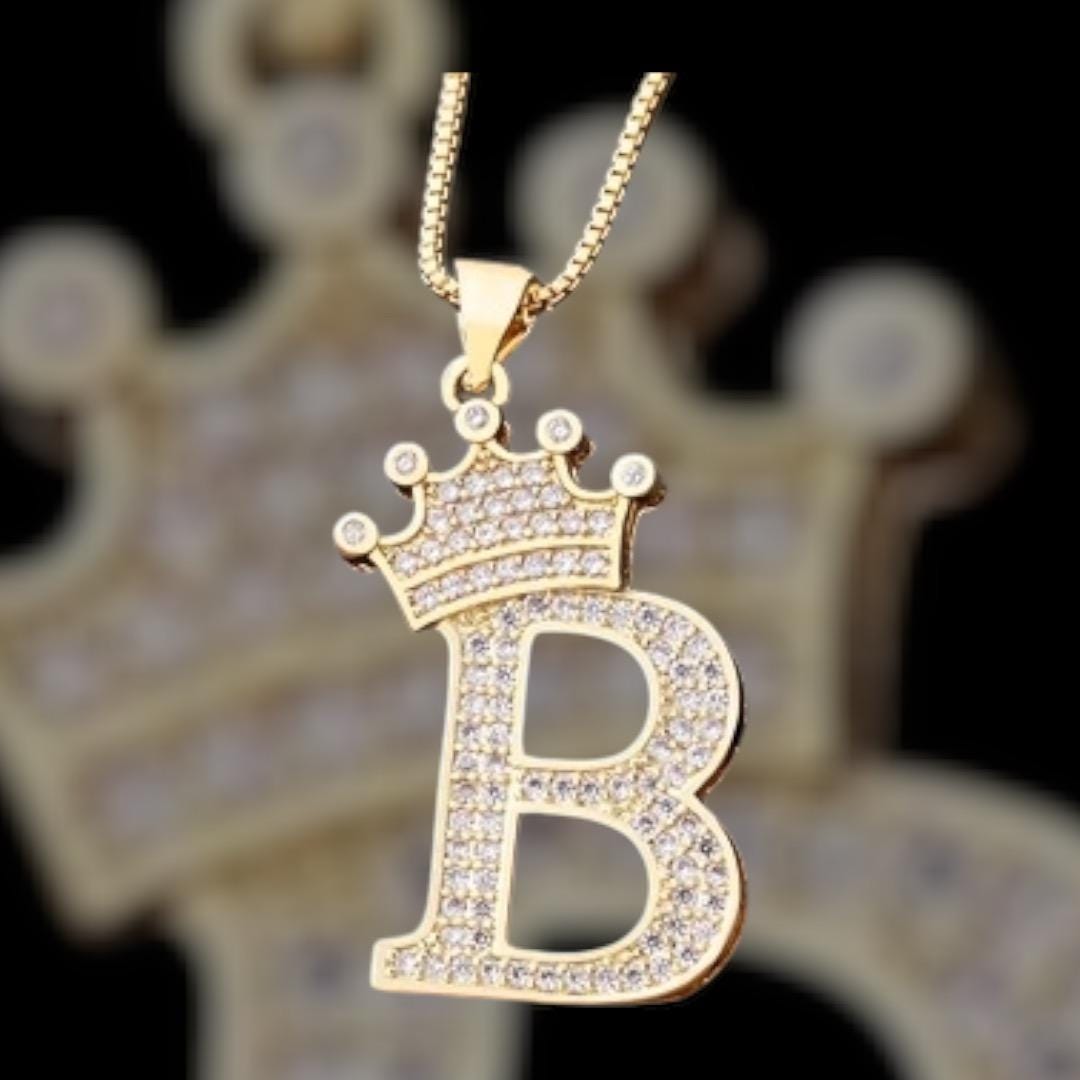 Luxury Copper Zircon A-Z Crown Alphabet Pendant Necklace, Hip-hop