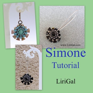 May include: Two beaded earrings, one with turquoise and brown beads, the other with black beads. The earrings are hanging from a white stand. The image also includes the text "Simone Tutorial LiriGal".