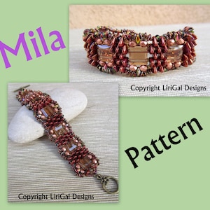Può includere: Un braccialetto di perline con uno schema di colori marrone, rosso e oro. Il braccialetto è realizzato con perline a seme e ha una chiusura a moschettone. Il braccialetto si chiama "Mila" ed è un modello di LiriGal Designs.