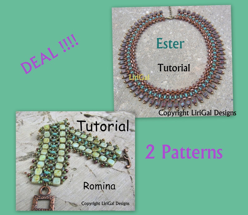 May include: Two beading patterns, Ester and Romina, are shown in this image. The Ester pattern is a necklace with brown, turquoise, and gold beads. The Romina pattern is a bracelet with green, gold, and turquoise beads. The image includes the text "DEAL!!!", "Tutorial", "2 Patterns", "Copyright LiriGal Designs", and "LiriGal".