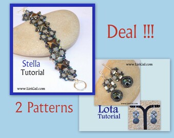 2 patterns deal Tutorial Stella-Lota Rivoli Tila Pyramid beads  Beadwork Bracelet-earrings PDF