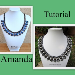 May include: Two beaded necklaces displayed on mannequins. The necklace on the left is blue and black with a geometric design. The necklace on the right is black with a geometric design. The text "Tutorial" is at the top of the image and "Amanda" is at the bottom of the image.