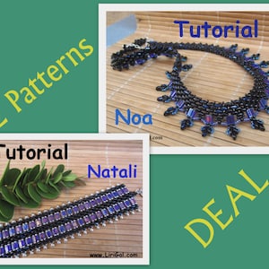 May include: Two beading patterns, a necklace and a bracelet, both with black and purple beads. The image includes the text "Tutorial" and "Deal".