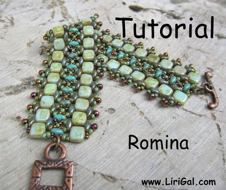 May include: A beaded bracelet with a green, brown, and turquoise color scheme. The bracelet has a clasp and is made with square and round beads. The bracelet is on a textured surface with the text "Tutorial Romina www.LiriGal.com".