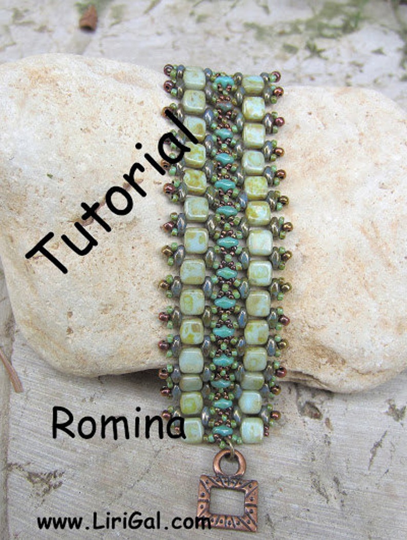 May include: A green, blue, and copper beaded bracelet with a copper clasp. The bracelet is on a light brown rock with the word "Tutorial" written in black and the word "Romina" written in black below the bracelet. The text "www.LiriGal.com" is written in black below the word "Romina".