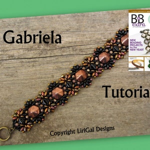 May include: A detailed beaded bracelet in shades of copper, black, and gold, displayed on a wooden surface. The image includes the name "Gabriela" and the word "Tutorial". A magazine showcasing beading projects is also visible.