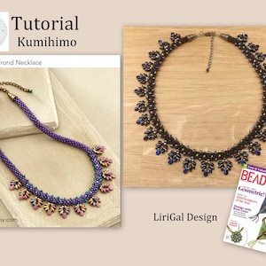 May include: Two beaded necklaces are displayed. One is purple with leaf-shaped accents, and the other is black with blue accents. The image also includes the text "Tutorial Kumihimo" and "Kumi Frond Necklace". The website "lirigal.etsy.com" is also visible.