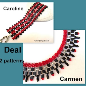 May include: Two beaded jewelry patterns, "Caroline" and "Carmen", in red, black, and silver beads. The "Deal" text indicates a sale or special offer for both patterns.