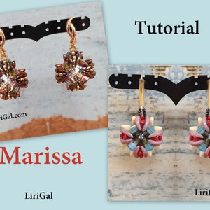 May include: Two pairs of beaded earrings, one pair is brown and gold with a clear crystal in the center, the other pair is white, pink, and blue with a blue crystal in the center. The earrings are on display on a black earring stand. The text "Tutorial" is at the top of the image and the text "Marissa" is at the bottom of the image.