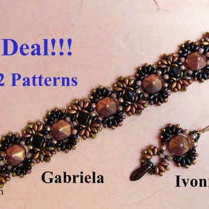 May include: A deal for two beaded jewellery patterns, one for a bracelet called "Gabriela" and one for earrings called "Yvonne". The bracelet is made with black, brown, and gold beads and has a toggle clasp. The earrings are made with the same beads and have a hook closure.