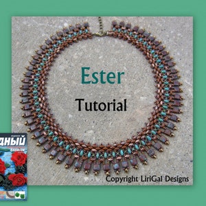 May include: A close-up of a brown and turquoise beaded necklace with a clasp. The necklace is on a brown textured surface. The text "Ester Tutorial" and "Copyright LiriGal Designs" is visible in the image.