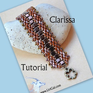 May include: A brown and gold beaded bracelet with a flower charm. The bracelet is on a light brown rock with the word "Clarissa" written above it. The text "Tutorial" is below the rock and the website "www.LirGal.com" is at the bottom of the image.