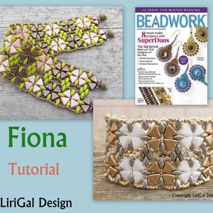 Könnte beinhalten: Eine Nahaufnahme eines Perlenarmbands mit einem geometrischen Muster in Grün-, Braun- und Rosatönen. Das Armband ist in einem Perlenmagazin namens Beadwork abgebildet. Das Titelbild des Magazins zeigt den Text "SuperDuos" und "The Big Reveal".