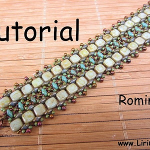 May include: A beaded bracelet with a green, brown, and white color scheme. The bracelet is made with small square beads and has a clasp closure. The bracelet is on a wooden surface and the word "Tutorial" is written above it. The word "Romina" is written below the bracelet and the website "www.LiriGal.com" is written below that.
