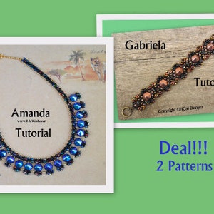 May include: The image shows two jewellery tutorials. One is a beaded necklace with blue and iridescent beads, labelled "Amanda Tutorial." The other is a beaded bracelet with copper-coloured beads, labelled "Gabriela Tutorial." The image also says "Deal!!! 2 Patterns."
