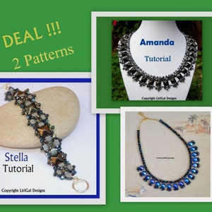 May include: Two beading patterns, Stella and Amanda, are shown in this image. The Stella pattern is a bracelet with a brown and grey colour scheme. The Amanda pattern is a necklace with a grey and black colour scheme. Both patterns are by LiriGal Designs.