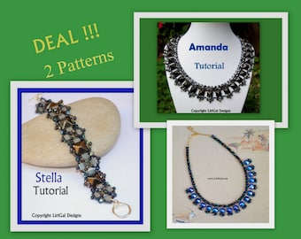 2 patterns deal.Amanda and Stella SuperDuo and Pyramid beads Beadwork Necklace and Bracelet PDF Tutorial