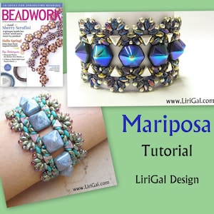 May include: A beaded bracelet featuring a blue, green and silver colour scheme. The bracelet is crafted with a variety of beads, including square, round and triangular beads. The bracelet is shown on a person's wrist. The image also includes a magazine cover with the title "Beadwork" and the text "meet Sherry Serafini".