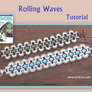 May include: Two beaded bracelets with a wave pattern, one in shades of blue and green, the other in pink and turquoise. The bracelets are on a wooden surface. The text "Rolling Waves Tutorial" is above the bracelets. The text "www.LiriGal.com" is below the bracelets.