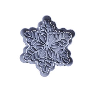 May include: A pale blue snowflake-shaped cookie cutter with a detailed floral design. The cutter has a scalloped edge and a white outline, perfect for baking festive treats. Ideal for Christmas or winter baking.